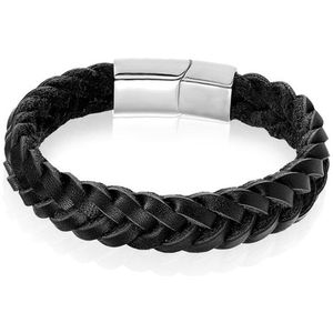 Heren armband LGT Jewels Gevlochten Leer Edelstaal Zwart Zilverkleurig-23cm