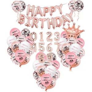 Rose/Wit feestpakket 16, 18, 21, 30, 40, 50, 60, 70, 80 & 90 jaar verjaardag 60 stuks - Verjaardag versiering voor man & vrouw - 30 jaar verjaardag versiering - Verjaardag decoratie, slingers, ballonnen, helium folie ballonne