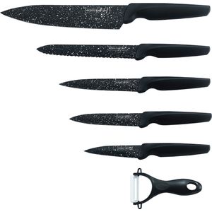 Royalty Line® MB5S Messenset - 6 Delig Keukenmessenset - Keukenmes - Broodmes - Vleesmes - Dunschiller - Schilmes - Antiaanbaklaag - Zwart