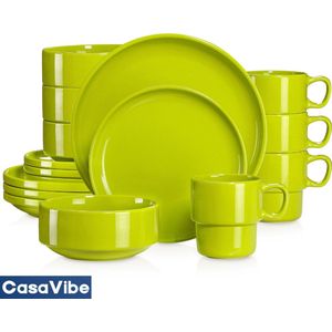 CasaVibe Luxe Serviesset – 16 delig – 4 persoons – Porselein - Bordenset – Dinner platen – Dessertborden - Kommen - Mokken - Set - Groen