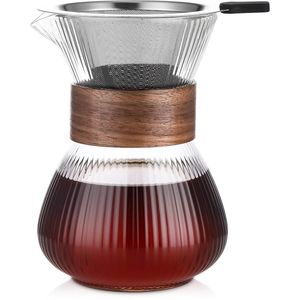 Pour Over Koffiepot met Permanent RVS koffiefilter - Slow Coffee Maker Kit - Glazen Cafetière - Koffekan Drip Gieter - Dripper Koffiemaker - Handmatig Filterkoffie koffiezetapparaat met Herbruikbaar Koffie Filter - Koffiefilterhouder V60 set - 500 ML
