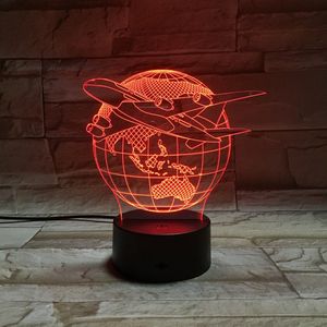 3D Led Lamp Met Gravering - RGB 7 Kleuren - Wereldbol Met Vliegtuig