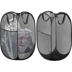 Pop Up Laundry Baskets Pack of 2 - 36 x 36 x 60 cm - Foldable Mesh Laundry Hamper with Handle - Portable Net for Children's Room, Dorm, Travel (Black)