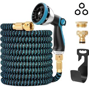 Tuinslang, flexibel, met sproeikop met 10 functies, extra flexibel 3750D-weefsel, waterslang met 3/4 inch en 1/2 inch messing aansluiting voor tuinieren en auto's, huisdieren, huishouden, blauw-zwart,