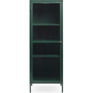 Olivine Katja Smalle Metalen Vitrinekast - met Geribbeld Glas - 2 Deuren - Verstelbare Planken- Modern - Industrieel - 58 x 40 x 160 cm - Groen