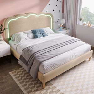 Sweiko Gestoffeerd bed, LED tweepersoonsbed 140 x 200cm, Bedframe met lattenbod en verstelbaar hoofdeinde, Gewatteerd bed in roze, Bedframe Jeugdbed voor slaapkamer Gastenbod fluweel