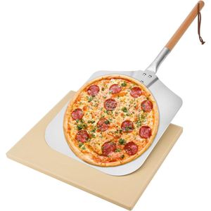 Pizzaschephout met pizzasteen van cordieriet voor oven, snijplankhout voor groente en fruit, rechthoekige pizzasteen