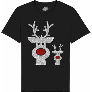 Rendier Buddies - Foute Kersttrui Kerstcadeau - Dames / Heren / Unisex Kleding - Grappige Kerst Outfit - Glitter Look - T-Shirt - Unisex - Zwart - Maat L