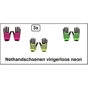 3x Paar nethandschoenen vingerloos neon geel-pink-groen - Festival thema feest disco neon verjaardag verkleed feest