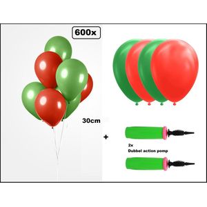 600x Luxe Ballon rood/groen 30cm + 2x dubbel actie pomp - biologisch afbreekbaar - Carnaval Festival feest party verjaardag Sinterklaas landen helium lucht thema