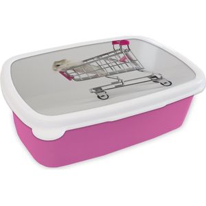 Broodtrommel Roze - Lunchbox - Brooddoos - Hamster in een winkelwagen - 18x12x6 cm - Kinderen - Meisje