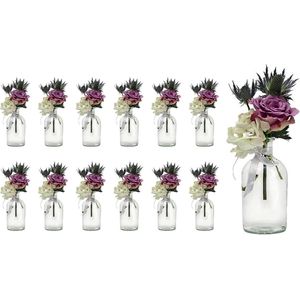 Kleine vazen set 12 stuks - Bost-100 band - glazen flessen helder deco bloemenvaas bruiloft (wit, 12 x strik)