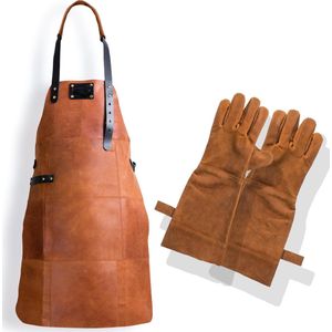 Leren Schort + Leren Handschoenen - Lederen Schort – LICHT BRUIN (Cognac) - Kokschort - BBQ Schort - Kookschort - Vaderdag - Kerst Cadeau voor Man Vader Opa Papa – 81 cm x 56 cm Inclusief Handschoenen voor de Barbecue