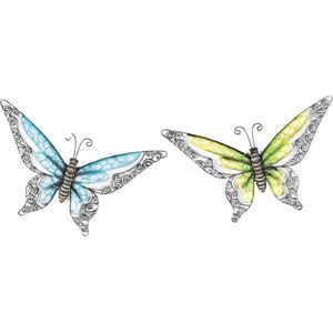 Anna Collection Wanddecoratie vlinders - 2x - blauw/groen - 36 x 21 cm - metaal - muurdecoratie - tuin beelden