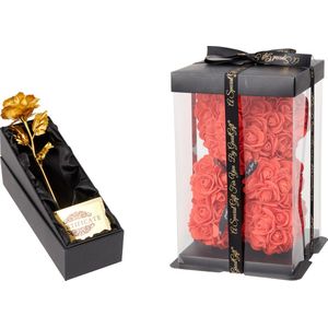 GreatGift - Gouden Roos met Rozen Beer - Luxe Bloemcadeau - Verjaardagscadeau -Moederdag - Valentijn - Liefde - Goud - Cadeau voor vrouw