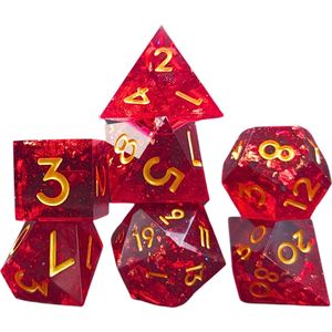 Hilvard - Resin Dobbelstenen Set - Ruby Glitter - D&D Dice Set - DnD Polydice Set - 7 Stuks - Inclusief metalen case en velvet opbergzak - Geschikt voor Dungeons and Dragons - Geschikt voor Magic the Gathering