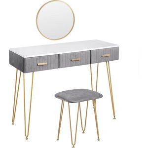 Instinct® Moderne Kaptafels met Kruk, Spiegel en Lades - Stijlvolle Cosmetische make up Tafel voor de Slaapkamer in Grijs