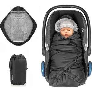 Baby Wikkeldeken voor Autostoel en Reiswieg - Handig alternatief voor de Voetenzak - Thermo Fleece Babydeken/Omslagdoek met Capuchon - Zwart (Basic)