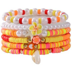 Armbanden Set - Elastisch - Zomers - Bloem - Hart - Wit/Geel/Oranje - Schelp - Ibiza Stijl - 6 Stuks