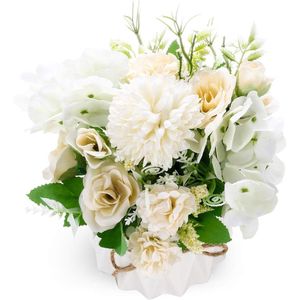 Realistische hortensia-rozen zijden bloemenarrangement met vaas voor huisdecoratie bruilofttafel raam woonkamer slaapkamer kantoor feestdecoratie (wit)