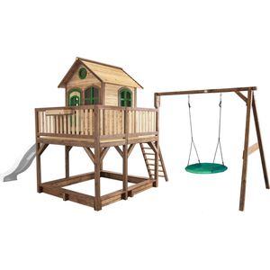 AXI Liam Speelhuis in Bruin/Groen - Met Summer Nestschommel, Witte Glijbaan en Zandbak - Speelhuisje op palen met veranda - FSC hout - Speeltoestel voor de tuin