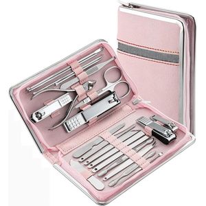 Nail Clippers Kit, 21-delige manicureset voor vrouwen, professionele nagelsnijder, roestvrij staal, pu lederen hoes voor op reis naar huis (roze)