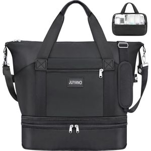 Reistas dames sporttas opvouwbare handbagage tas grote weekendtas zwemtas waterdichte reistas duffle bag met toilettas schoenenvak voor reizen, gym, vliegtuig, zwart