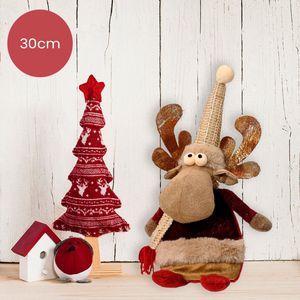 Polyester rendier bruin met beige muts - 30cm