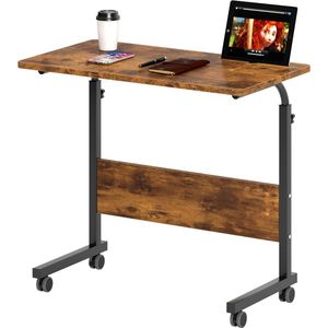 In hoogte verstelbaar laptoptafel, computertafel met tabletsleuf, 80 x 40 cm, pc-tafel, banktafel, verzorgingstafel, bijzettafel met wieltjes, vintage bruin