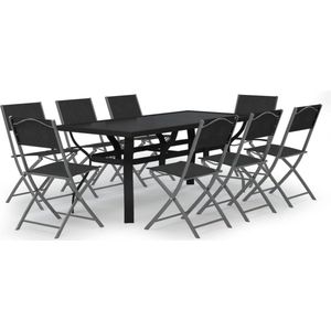 vidaXL 9-delige Tuinset - Grijs/Zwart - Weerbestendig Tuinmeubleset - Eetkamerset - Buitentafel - Lounge Set - Vier Persoons Set