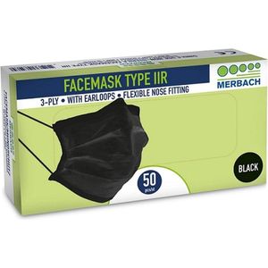 MerBach® Mondmaskers met elastiek Zwart, 50 stuks | Mondkapje Zwart 3-laags | niet-medisch mondkapje zwart | mondmasker mond kapje zwart | zorg masker mondkap bescherming besmetting wegwerp | gezicht comfort hygiëne