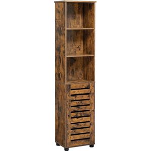 Rootz Opbergkast - Badkamerkast - Hoge Kast - 3 Open Compartimenten - Draaideur - Verstelbare Planken - Industrieel - Bruin - Bewerkt Hout - 40 x 30 x 167 cm