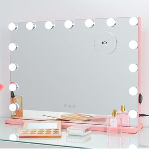 Grote Hollywood Vanity Spiegel met 15x LED Lampen en Tafelblad - Verstelbare Kleuren - Touchscreen Bediening en USB-Oplaadpoort - Wand Make-upspiegel - Roze