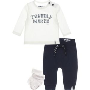 Dirkje Bio Basic SET(2delig) Blauwe broek, Shirt wit met tekst - Maat 80