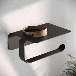Design toiletpapierhouder 'Leif' - met legplank | zonder boren (zelfklevend) | van roestvrij staal | WC-houder / rolhouder voor badkamer | zwart mat