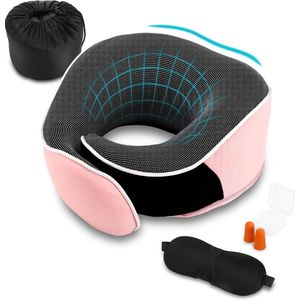 Nekkussen, traagschuim, nekkussenset van traagschuim met oogmasker, oordopjes en opbergtas, ergonomisch ontworpen reiskussen (roze)