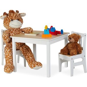 Relaxdays kindertafel met 2 stoelen - indoor zitgroep voor kinderen - 3-delig - robuust - MDF - wit-natuur