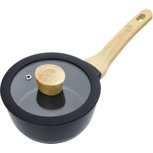 Kleine pan met glazen deksel, inductiepotten, pastapan, soeppan, zwarte aluminium kookpot, gecoat, houten handvat, pannenset geschikt voor alle soorten fornuizen, krasbestendig, 18cm