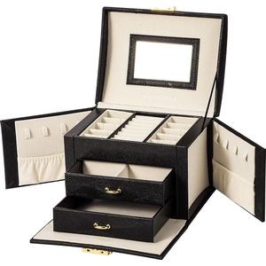 Sieradenkoffer voor dames en meisjes - afsluitbaar - 3 niveaus - 2 laden - 3 kleuren - met spiegel - opbergruimte voor ringen, oorbellen, halskettingen en armbanden