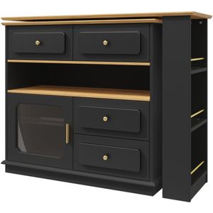 Uitschuifbare bartafel met opbergruimte (125-181×39×104,5cm), 360° draaibare eettafel, moderne verrijdbare bartafel, hoge tafel keukeneiland bistrotafel, dressoirkast met planken en glas, zwart
