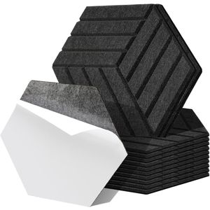 12 stuks Akoestische panelen Hexagon streepje Zelfklevend Geluidsisolatie Vilt Wandpaneel Zwart