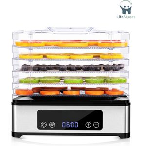 LifeStages - Voedseldroger - Voedseldroogmachine - 5-Schuifladen Roestvrijstalen Voedseldroger - 400 W - Instelbare Timer En Temperatuur Voor Gedroogd Vlees, Kruiden, Fruit, Hondensnoepjes