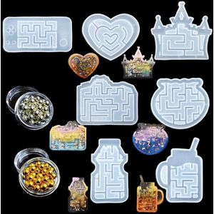 7 Stuks Shaker Hars Mallen Maze Resin Mold Doolhof Siliconen Mallen UV Epoxy Gietvorm Crystal Mold Quicksand Charm Mold met 2 Box Bead