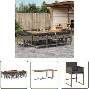 The Living Store 13-delige Tuinset met kussens poly rattan grijs - Tuinset - Buitenmeubel - Lounge Set - Eetkamerset - Acacia Hout
