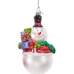 Kurt S. Adler Kerstornament - Sneeuwpop met cadeautjes - glas - wit rood - groot - 12cm