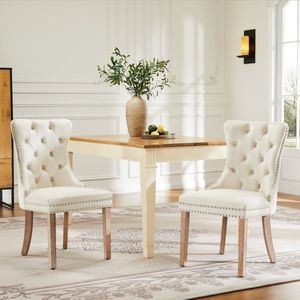 Sweiko Eetkamerstoelen, 4-voetenbankjes, Vrijetijdsfauteuils, éénpersoonsfauteuils (2-delig), met knoopstiksels, massief houten frame, knoopstiksels, Beige kleur