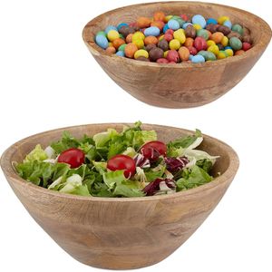 Relaxdays houten saladeschaal - set van 2 - ronde serveerschaal - fruitschaal mangohout