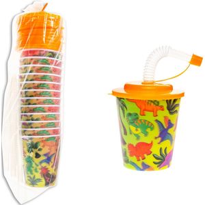 12 STUKS DINOSAURUS 3D Drink Beker met Rietje en Deksel - 250ML - Dino Plastic Bekers - Kinderfeestje - Kinderverjaardag Bekertjes - Traktatie - Uitdeelcadeaus
