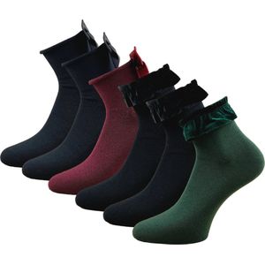 6 paar Feestelijke damessokken met strik-ruches - Naadloos - Maat One size 36-42