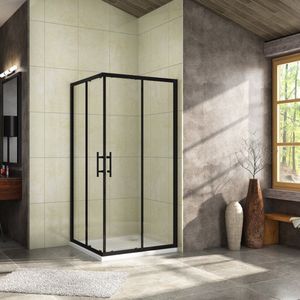 80x90x195cm Douchecabine Schuifdeur Hoekinstap Vierkant Mat Zwart,6MM Nano anti kalk behandeld
